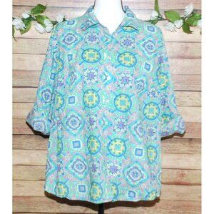 Talbots Colorful Geo Mosaic Print Button Up Blouse SZ 2X Petite Roll Tab Cotton